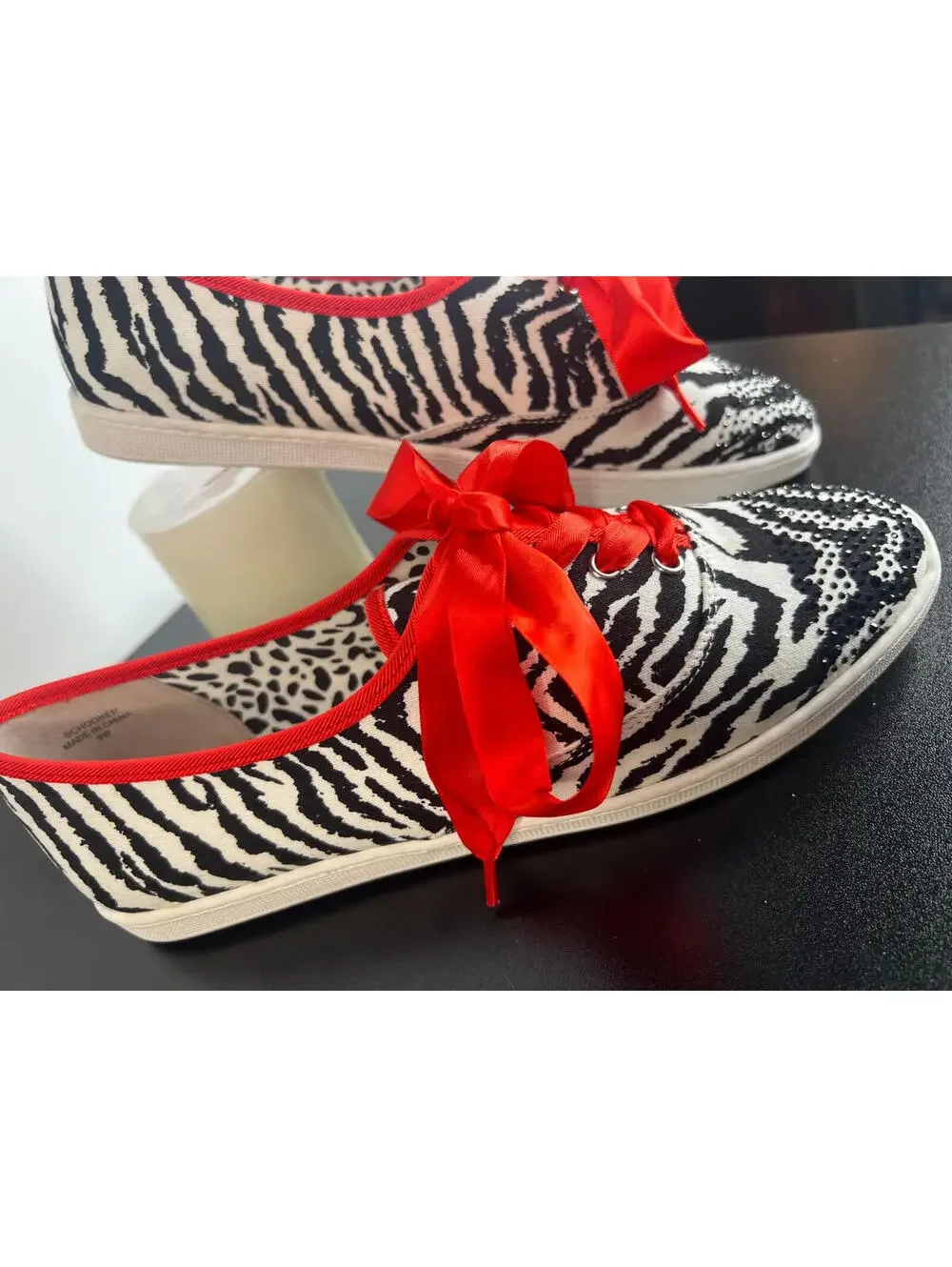 J Renee Zebra Print Sneakers 9Wide Rhinestone Toe Red Ribbon Lace Fashion Shoes - Picture 4 of 15